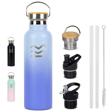 Botella Agua Acero Inoxidable Azul - HUIIKE | Botella Termica 750ml con 3 tapones, Termo Agua Fria 24 horas y Caliente 12 horas | Cantimplora Termica sin BPA Water Bottle Pajita, Reutilizable Gimnasio