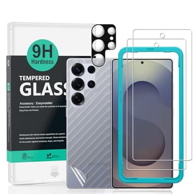 Ibywind 2 Piezas Protector Pantalla para Samsung Galaxy S25 Ultra 5G 6,8"+1 Pieza Protector Cámara+1 Pieza Protector Trasera Fibra Carbono,Dureza 9H Cristal Templado,Fácil de instalar