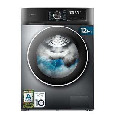 Cecotec Lavadora 12Kg Carga Frontal Bolero DressCode 12500 Inverter Steel. 1400rpm, 16 Programas, Clase A-20%, Bajo Consumo, Motor Inverter Plus, Vapor, Pearl Drum, Delay Start, Drum Clean y Stop&Go