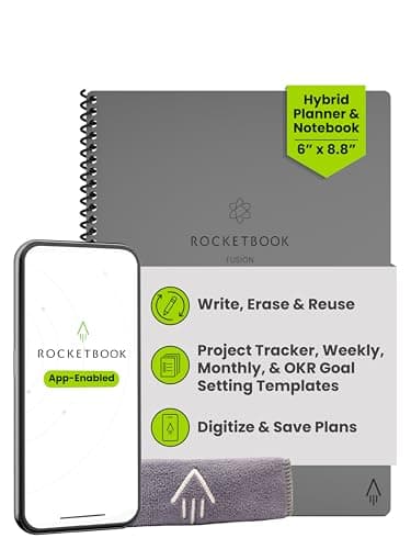 Rocketbook Fusion Cuaderno Inteligente - Reutilizable Digital Libreta A5 Gris Bloc, Notas To Do List Planificador Semanal & Mensual, 7 Estilos