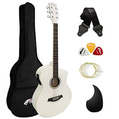 TIGER ACG4-WH Guitarra electroacústica para estudiantes de tamaño completo con ecualizador incorporado, funda, correa, cuerdas de repuesto y púas - Blanco