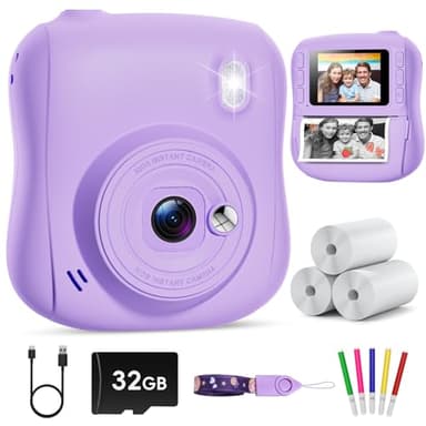 Hangrui Camara Fotos Infantil Instantanea, 1080P Camara Fotos Infantil, Cámara Instantánea para Niños con Tarjeta de 32GB,Papel de Impresión y Bolígrafos de Colores, Regalos Juguete-Púrpura