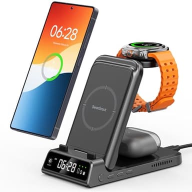 Cargador Inalámbrico para Samsung S25/Watch 8/8 Classic, 3 in 1 Estación de Carga para Samsung S25+/S25 Ultra/S24/S23/Fold 7, Galaxy Watch Ultra 2025/7/6/5/4, Galaxy Buds, SwanScout 703S (No Adapter)