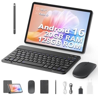 Tablet 10 Pulgadas, con Teclado, Lápiz, Funda y Ratón, Android 16, 20 GB de RAM + 128 GB de ROM, Octa-Core, 1280 x 800 HD, 6600 mAh (con NTC), Widevine L1, 8 MP + 2 MP, 2.4 G + 5 G WiFi (Gris)