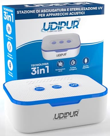 Udipur Estación de esterilización y secado UV para audífonos con cargador USB tipo C 3en1 50°C - 110x90x40mm