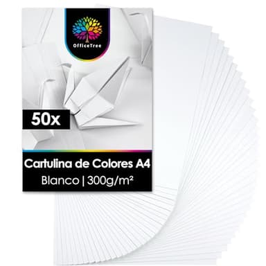 OfficeTree 50x Cartulina Blanca A4 300g - Cartulinas Blancas A4 para Manualidades, Recortar e Imprimir - Papel A4 300gr - Cartulina Gruesa