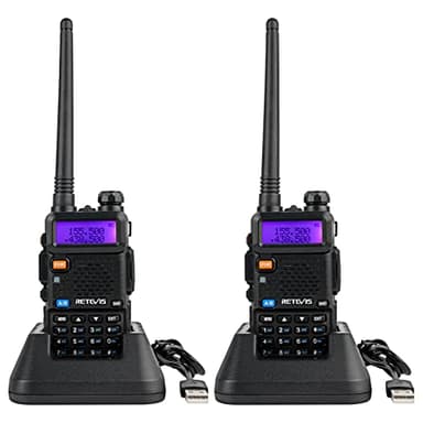 Retevis RT5R Walkie Talkie, Emisoras de Caza Largo Alcance, 128 Canales, VOX, Linterna, Carga USB, FM, Alarma de Emergencia, Walkie Talkie Caza (Negro, 2 Piezas)
