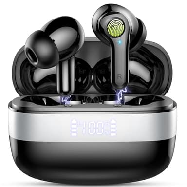 Auriculares Inalámbricos Bluetooth, 3D HiFi Estéreo Cascos Inalambricos Bluetooth 5.3 con 4 Cancelación Mic, 48H Headphones con Carga Rápida USB, IPX7 Impermeable Auriculares para iOS Android. Negro