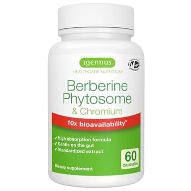Berberina Fitosomada de Acción Dual 550 mg y Picolinato de Cromo, 10x Absorción, Control de Glucosa en Sangre, Extracto Estandarizado de Berberina, Ingredientes Puros, 60 Cápsulas Veganas - Igennus