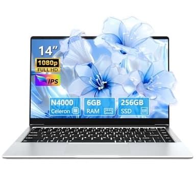 Ordenador Portátil Celeron N4000 de 14,1 pulgadas, PC Portátil 6 GB RAM 256 GB SSD, Laptop pantalla abatible de 180°, mini HDMI, 2*USB 3.0, color plateado, delgado y ligero computadora portátil