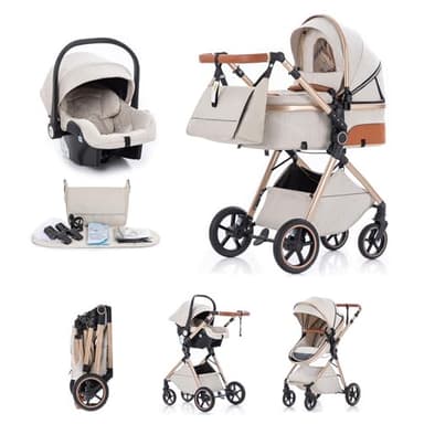 Kakbgee Cochecito 3 en 1 con Silla de Coche, Carrito bebé Plegable, Manillar 7 Alturas, Suspensión 4 Ruedas, Funda de Lluvia y Mosquitera, Sistema de Viaje para Recién Nacidos 0-3 Años (15kg), Beige