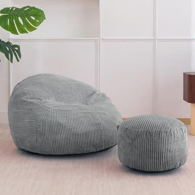 MAXYOYO Sillón Puff de Pana con Reposapiés para Niños, Sofá Puff y Puf con Relleno de Espuma, Sillón con Asa para Sala de Estar, Dormitorio, Juegos, Lectura y Relajación