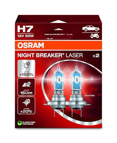 OSRAM NIGHT BREAKER LASER H7, +150% más brillo, lámpara de faro halógena, 64210NL-2HB, 12V, caja plegable colgante (2 lámparas)