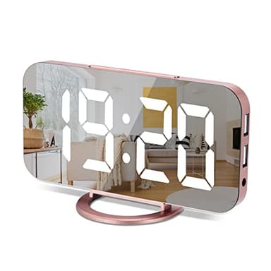 Reloj Digital con Pantalla Grande, con LED y Superficie de Espejo para Maquillaje con Modo de atenuación, 3 Niveles de Brillo, Puertos USB duales, decoración Moderna para, Dormitorio, Oro Rosa