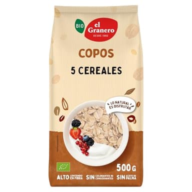 El Granero integral - Copos de 5 Cereales Ecológicos de 500 g - Sin Azúcar Añadido - Aptos para Veganos - Incluye Copos de Avena, Trigo, Cebada, Centeno Integral y Maíz Malteado