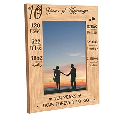 CREATCABIN Marco de Madera Grabado 10 año de Matrimonio Mesa 4" x 6" Marco de Fotos de Madera Natural Vertical para 10.º Aniversario de Boda Esposa Marido Regalo Sentimental Decoración de Escritorio