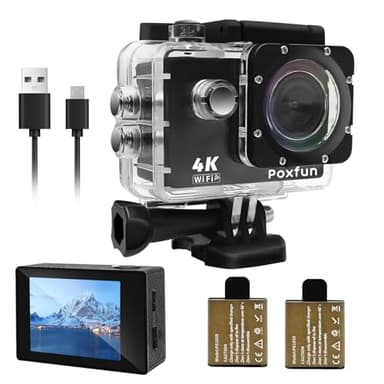 Poxfun Camara Deportiva 4K, Impermeable Action Camera 30M WiFi Camera Gran Angular de 170°Recargable por USB, 2x1050mAh Batería Idéal pour Les Sports Nautiques, le Cyclisme, l'escalade et la Natatio