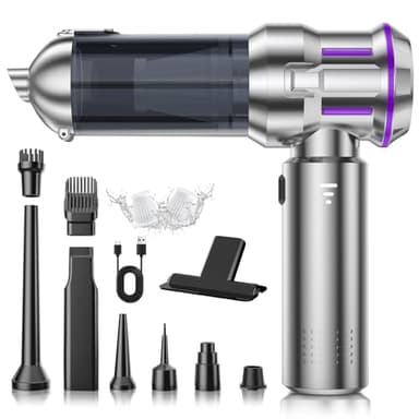 Aspirador de Mano, 22000Pa Aspiradora sin Cable Coche 4 en 1 con Descarga de Polvo Automática con un Toque, Motor sin Escobillas, 3 Niveles de Succión, para Casa/Coche/Pelo de Mascota, Plateado