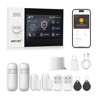 PGST Kit Alarma Casa con Aviso al Movil, Sistema de Alarma para Casa WiFi y gsm sin cuotas con Pantalla Táctil 4.3” y Batería de 1000 mAh, Aplicación Tuya Smart Life, Alexa y Google