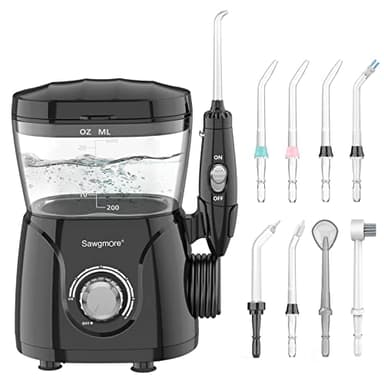 Sawgmore Irrigador Dental, Irrigador Bucal Profesional con 8 Boquillas Multifuncionales, 10 Ajustes de Presión del agua, Capacidad de 600ml, Limpieza Dientes, Aprobado por la FDA/CE Negro
