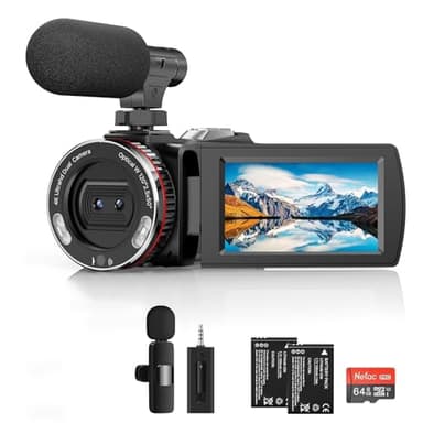 Videocámara 4K, cámara para vlogs de 64 MP y 30 fps con micrófono inalámbrico para YouTube, cámara de vídeo con pantalla abatible de 3 pulgadas y zoom digital 21x con tarjeta SD de 64 GB y 2 baterías