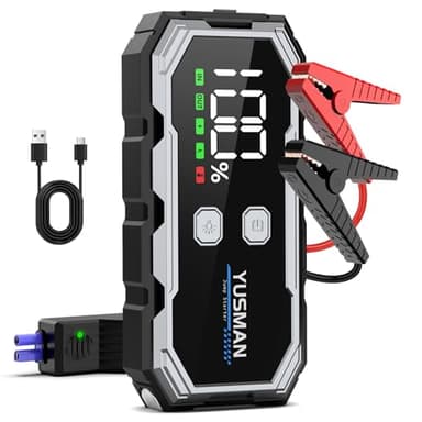 YUSMAN Arrancador de Baterias de Coches, 4000A 12V para 7L de Gasolina o 5L de Diésel, Arrancador Coche Portatil con Pantalla LCD, Jump Starter con 3 Modos LED, Carga Rápid