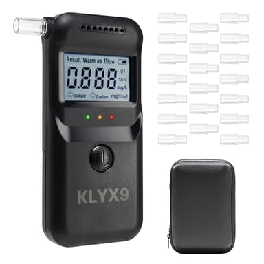 KLYX9 Alcoholimetro Profesional Homologado DGT, con Funda Regalo, Pantalla LCD, 20 Boquillas Esterilizadas. Alcoholimetro de Alta Precisión, Test de Alcoholemia, Prueba de Alcohol, Etilometro.