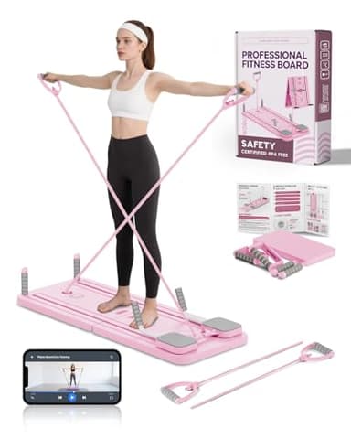AMAZINGHOME Tabla de Pilates con Retroceso automático. Equipo Plegable de Entrenamiento Core para el hogar. Incluye protección Rodillas y guía vídeo. Ideal para Principiantes/Profesionales(Rosa)