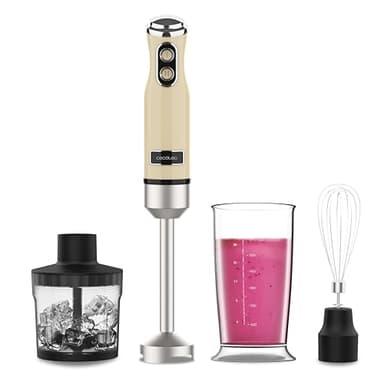 Cecotec Batidora de Mano Power RetroYellow 1200MAX Cream&Crush. Potencia Máxima 1200 W, Tecnología CrossBlades, 2 Velocidades, Set Accesorios aptos Lavavajillas, Campana antisalpicaduras