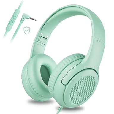 awartue Auriculares Niños con Cable Audio 3.5mm, Volumen Limitado 85/94dB, Diadema Ajustable Almohadillas Suaves, Cascos Infantiles para Clases Online/Viajes/Estudi, Verde