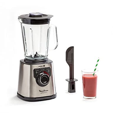 Moulinex Perfect Mix+ LM811D - Batidora de vaso, 1200 W, vidrio acabados exteriores, acero inoxidable, selector de la velocidad retroiluminable, 3 programas, modo manual y autoclean, Gris/Negro