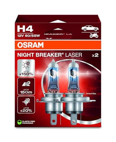 OSRAM NIGHT BREAKER LASER H4, +150% más brillo, lámpara de faro halógena, 64193NL-2HB, 12V, caja plegable colgante (2 lámparas)