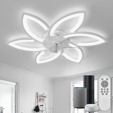 Inteligente Lampara de Techo con Ventilador y Mando a Distancia y Control por Alexa, No Requiere WiFi, Ventilador de Techo con Luz Silencioso, Diseño Floral Moderno, para Dormitorio, Salón, Blanco