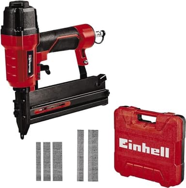 Einhell Grapadora de aire comprimido TC-PN 50 (8.3 bar, pistola de clavos, nariz de seguridad, incl 1500grapas y 2000 clavos, botella de aceite, boquilla, maletín de transporte)Rojo, Negro