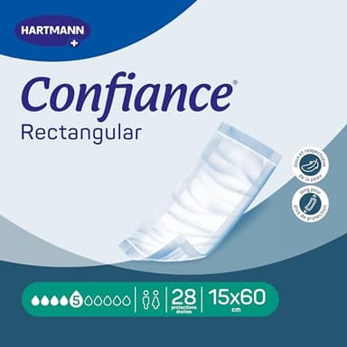 Confiance Rectangular - Pañales rectos para hombres y mujeres - Nivel de absorción = 5 gotas (fugas urinarias débiles) - Cruzables - 15 x 60 cm - 28 Unidades
