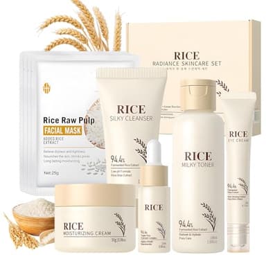 Rice Skincare Kit, 9 Piezas Skincare Coreano, Rice Cuidado Facial Mujer, Korean Skincare con Limpiador Facial, Mascarillas Coreanas, Rice Toner, Cremas Faciales Mujer, Contorno de Ojos, Serum Coreano