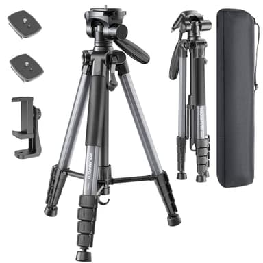 POLAM-FOTO Trípode para cámara de 188 cm, Soporte de trípode Resistente de Aluminio Porfessional, trípode Compacto con Bolsa de Transporte, con Soporte para teléfono （Gris）