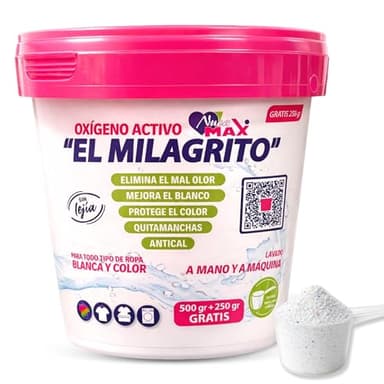Oxígeno Activo en polvo, Quitamanchas y Blanqueador para Ropa Blanca y de color, Antical alarga la vida de la lavadora, Elimina el mal olor de la ropa, Contiene 1 unidad de 750 gr