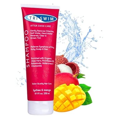 TRISWIM Champú Anticloro para Nadadores | Elimina Los Efectos Negativos Del Cloro y El Agua Dura | Cuidado Del Cabello Hidratante Después De Nadar | Lichi Mango (251ml)
