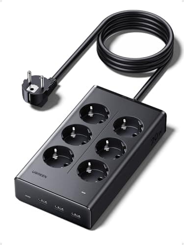 UGREEN 10 EN 1 Regleta Enchufe Multiple Alargador 3680W 6 Tomas AC 4 USB Power Strip Inteligente Ladron Plano USB C PD 20W con Interruptor Proteccion Sobretension Oficina Hogar Negro 1.5M Extension