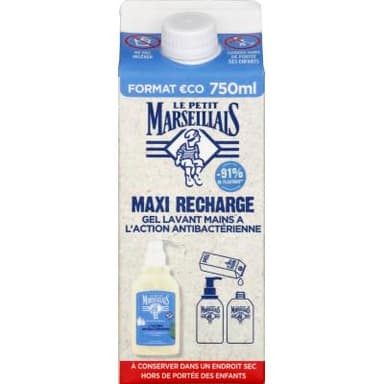 Le Pe Marseillais | Pack de recarga maxi de jabón líquido antibacteriano (750 ml de ladrillo) – Recarga de jabón líquido para botella de bomba – Jabón de manos con aceite esencial de salvia