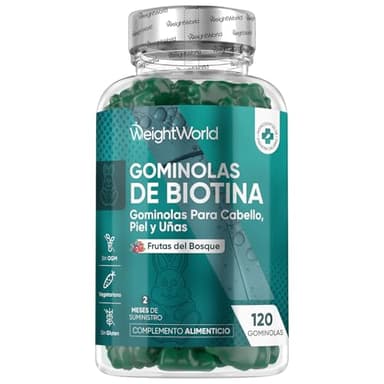 Gominolas de Biotina 5000 mcg - 120 Unidades - 13 Multivitaminas y Minerales en Gomitas con Vitamina C, E, Grupo B, D, A, Selenio, Yodo, Colina, Inositol - Suministro para 2 Meses - Vegetarianas