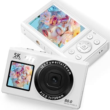 Cámara Digital 5K 80MP Cámara Digital Compacta y Portátil con Pantalla LCD de 2,4" y Pantalla Selfie de 1,5", Zoom Digital 18X Tarjeta SD 32G para Adultos y Principiantes, Niños Regalo Blanco