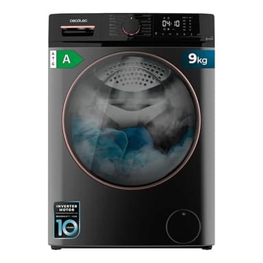 Cecotec Lavadora de Carga Frontal 9 Kg Bolero Dresscode 9610 Inverter Steel A, 2000W, 1400 RPM, Bajo Consumo, Función Vapor, Motor Inverter Plus, 15 Programas, Optimiza Nivel de Agua y Lavado