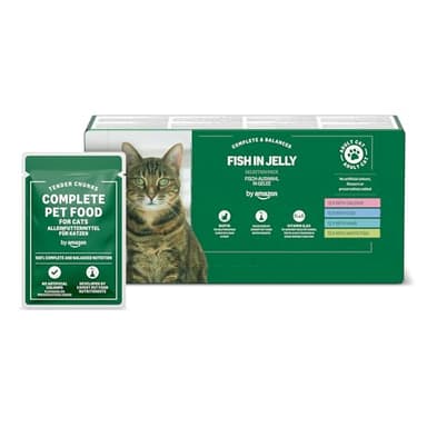 by Amazon - Alimento Completo sin Cereales para Gatos Adultos, selección de Pescado en gelatina, 4,8 kg (48 Paquetes de 100 g)