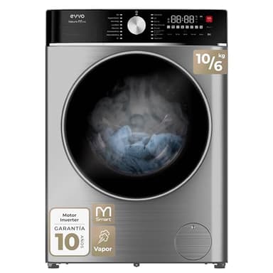 EVVO Lavadora-Secadora Nature M10/6X, 10 kg lavado + 6 kg secado, 1400 rpm, Motor BLDC Inverter, Steam Wash, M-Smart One-Touch, Lavado Rápido 15', Fin diferido 24 h, Inox
