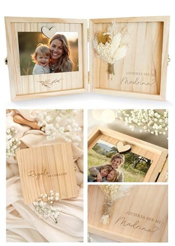 Joli Coon Estuche de madera para preguntar a la madrina - Quieres ser mi madrina - Estuche de madera noble 14 x 14 x 3 cm