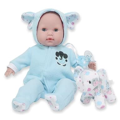 JC Toys- Muñeca Berenguer Boutique de 38 cm, de Cuerpo Blando, Sus Ojos se abren y cierran, Incluye Ropa y Peluche Elefante, Azul, diseñado por Berenguer, +2 años