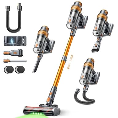 50KPA/600W/65Min (Eco) Aspiradora sin Cable, Aspirador Escoba Vertical, Incluye Manguera de 1M, Cepillo Anti-Enredo con Luz, Modo Automático, Carga Pared, para Pelo de Mascotas/Suelos/Alfombras/Coche