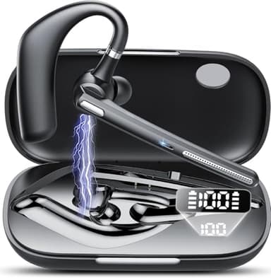 Manos Libres Auricular Bluetooth V5.3 con Doble Micrófono Cancelación, 60hrs Talk Auriculares Inalambricos Bluetooth con Conexión para Dos Dispositivos, Pantalla LED, IPX7, para Conducir/Negocios